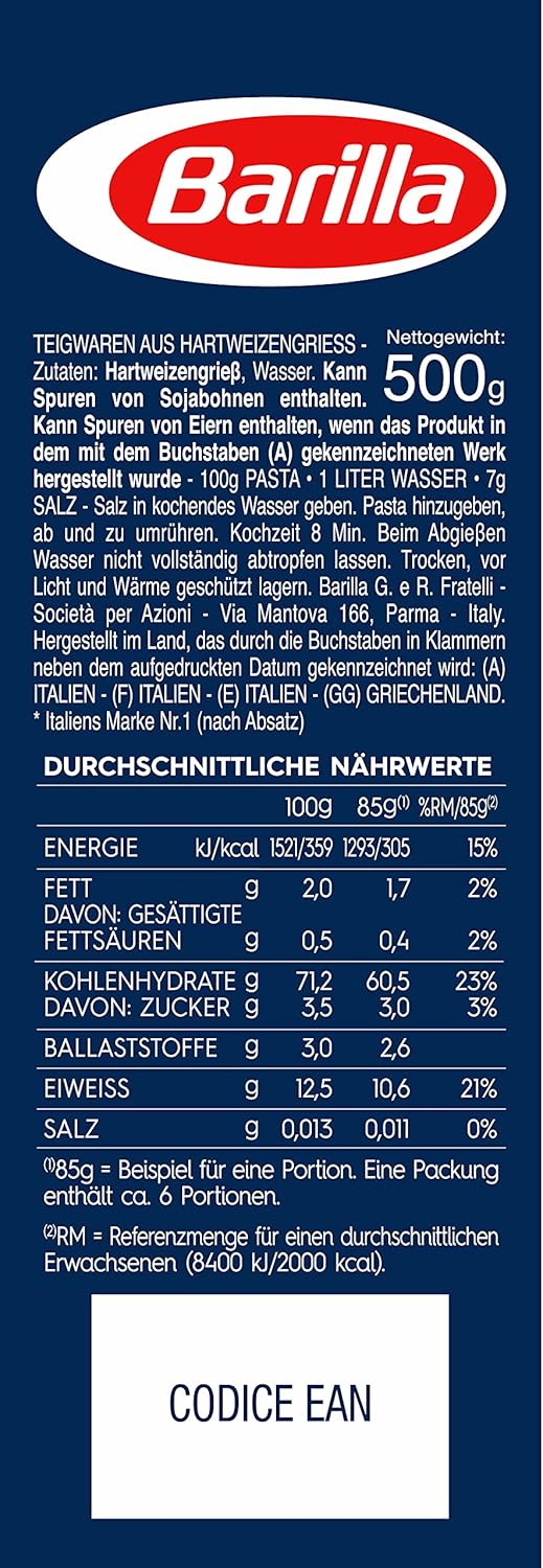 Detalle 2 de Barilla Gobbetti n.51 aus Hartweizen – 6 x 500 g, al dente in 8 Minuten
