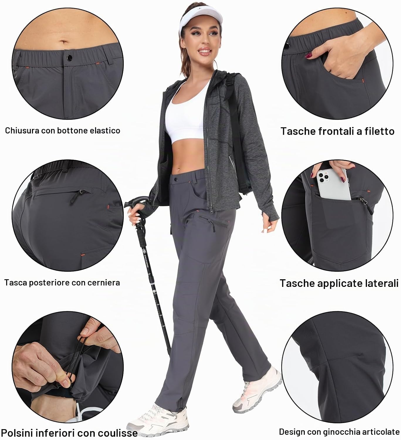 Detalle de GymBrave Pantaloni Trekking Donna Cargo Capri 3/4 Estivi Leggeri con Tasche Zip