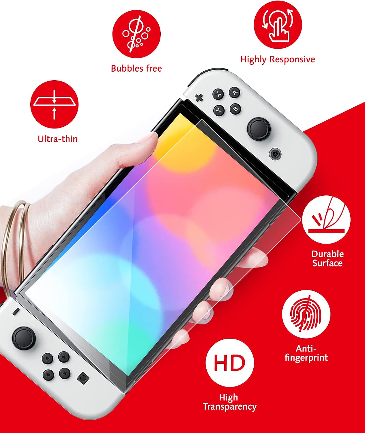 Detalle de Lot de 2 protections d’écran en verre trempé BERSEM pour Nintendo Switch OLED 7 pouces (2021) – kit d’alignement automatique, dureté 9H