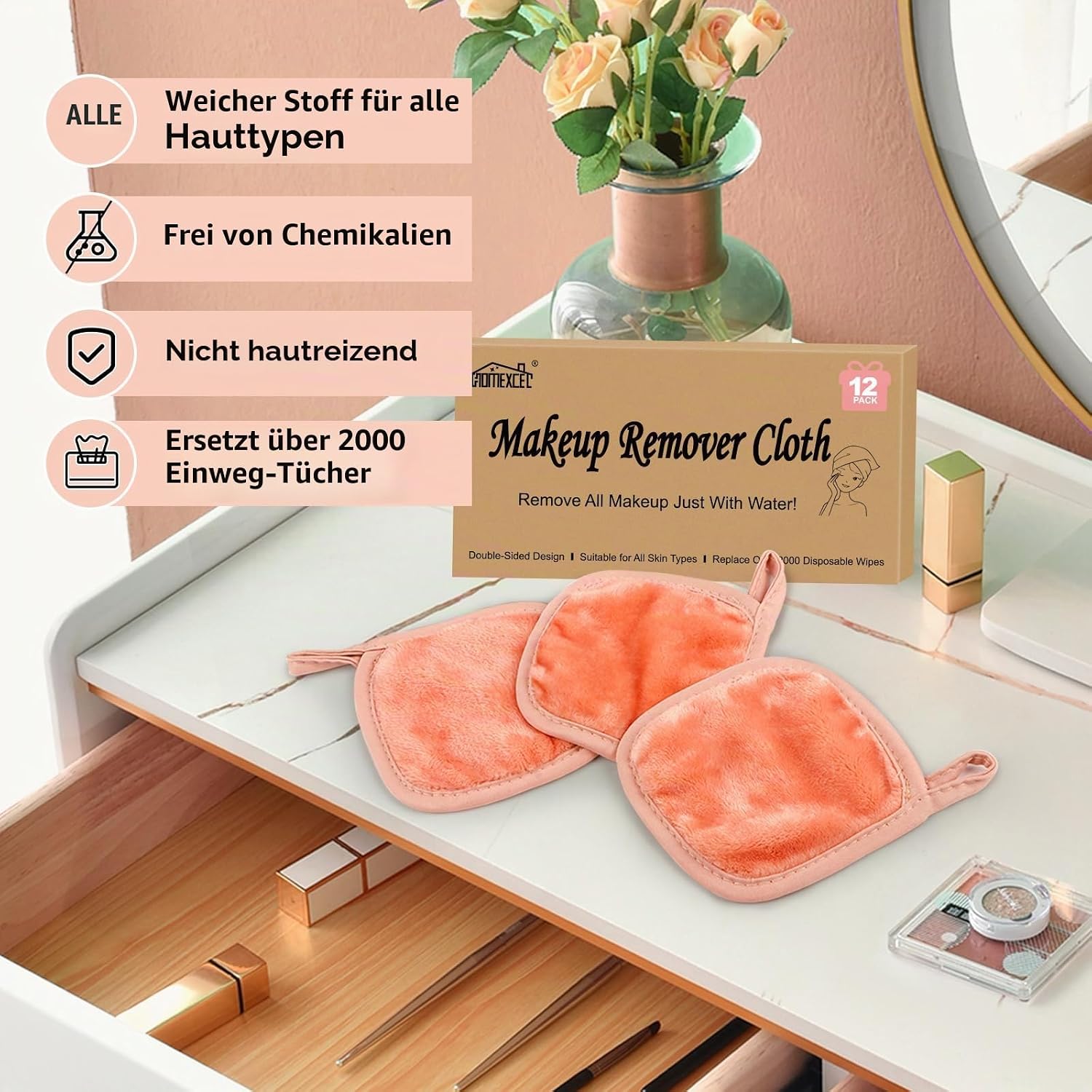 Detalle 2 de HOMEXCEL Mikrofaser-Abschminktuch Rosa – Wiederverwendbar, ultrasanft, 12 Stück (5 x 5 Zoll)