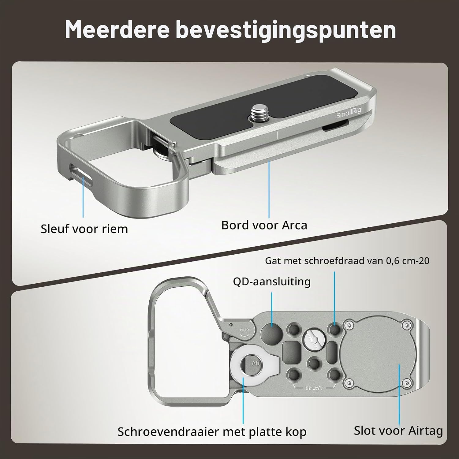 Detalle de SMALLRIG 5482 basisplaat voor Sony A7C II/A7CR met AirTag-sleuf