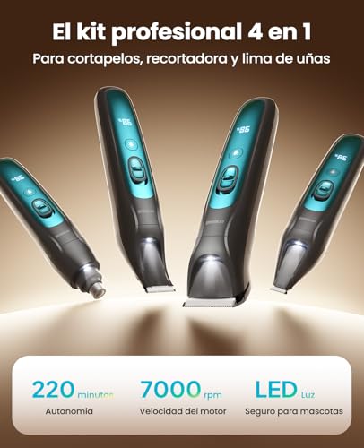 Detalle de oneisall Cortapelos silencioso 4 en 1 para perros y gatos con luz LED (Azul) – Aseo completo y suave