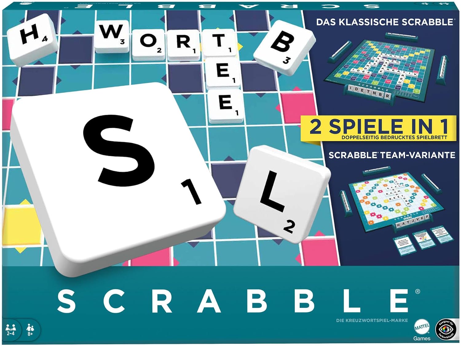 Detalle de Scrabble Zwei in Eins (doppelseitiges Brettspiel) von Mattel Games – inkl. 50 Zielkarten für Scrabble Team