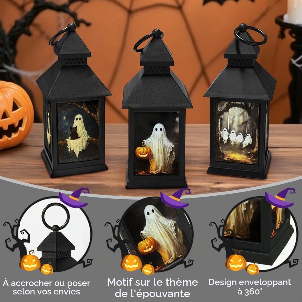 Detalle de Bseical-1017 Halloweenlantaarns, set van 3 met led-kaars en ophangoog