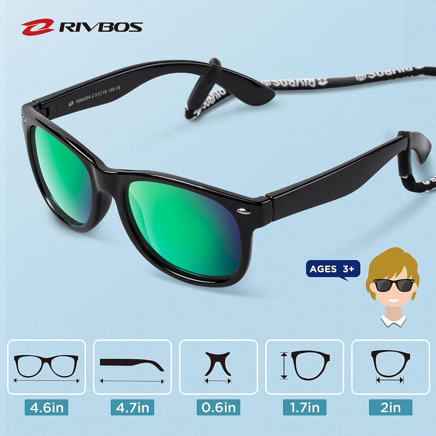 Thumbnail 4 de RIVBOS Kids Sunglasses Polarized Rubber UV Protection with Glasses Strap RBK004-2