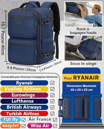 Detalle de LYNXCHER Sac à Dos Voyage Cabine 40x20x25 cm – 20 L, Bleu Foncé, 14 pouces (Homme/Femme)