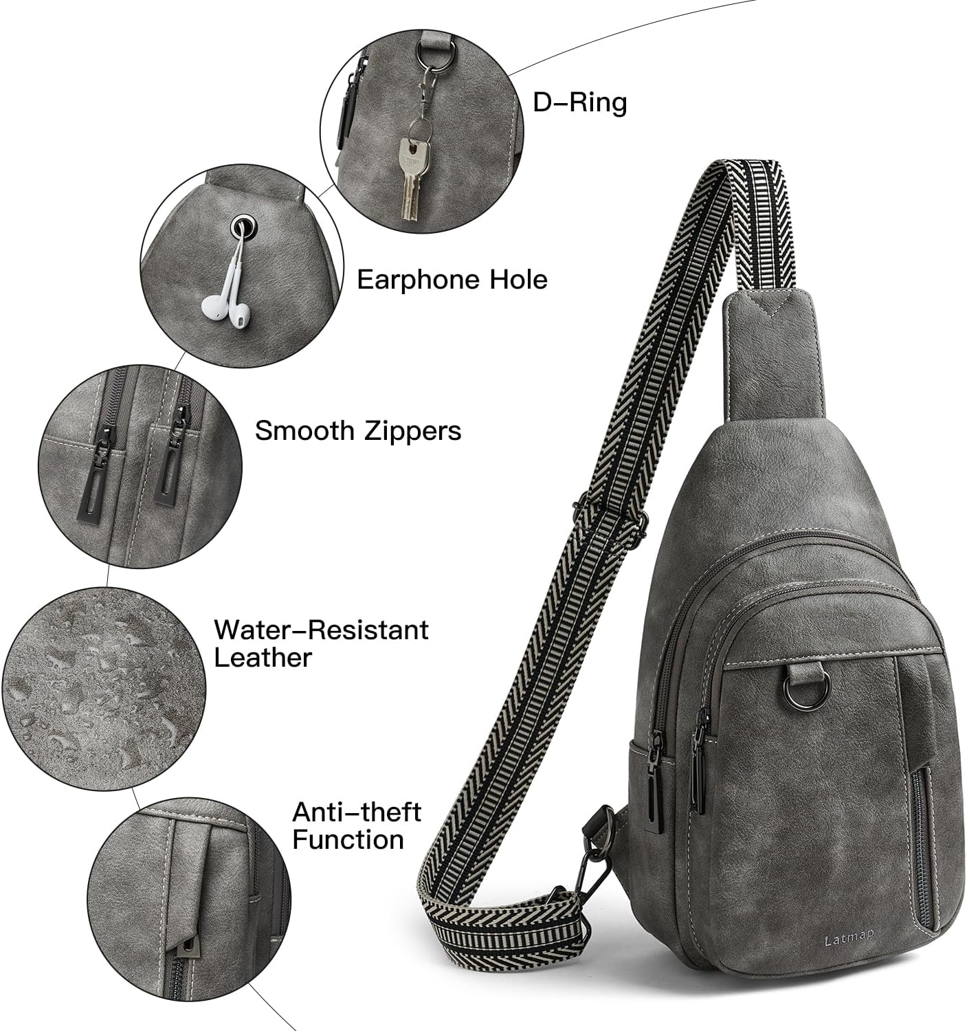 Thumbnail 5 de LATMAP 7L sling bag for women – grey crossbody chest pack with anti-theft zip