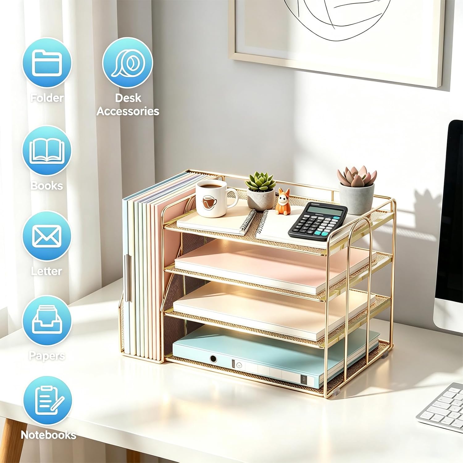 Detalle de gianotter 4T-1 Four-Tier Metal Paper Organizer with Magazine Holder, Gold
