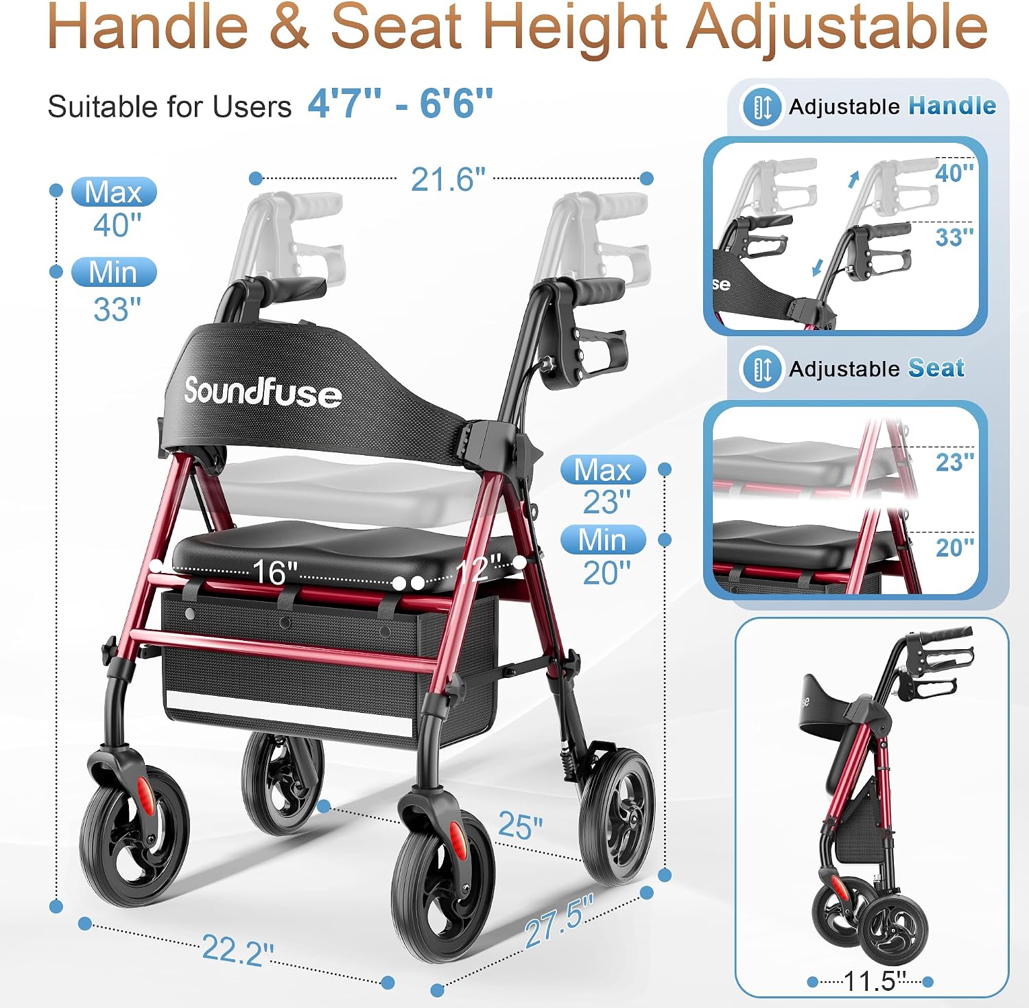 Thumbnail 6 de soundfuse Foldable Rollator Walker with 16-Inch Arc Seat and 8-Inch Wheels