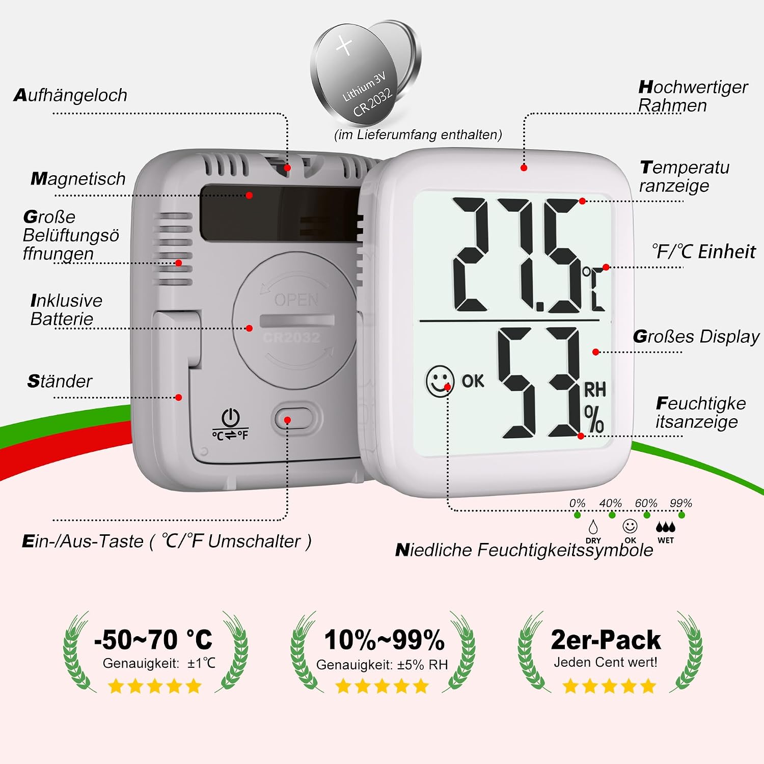 Thumbnail 5 de Antonki 2er-Set Thermometer Hygrometer Innenraum – Präzise Temperatur- und Luftfeuchtigkeitsmessung für Haus, Gewächshaus und mehr
