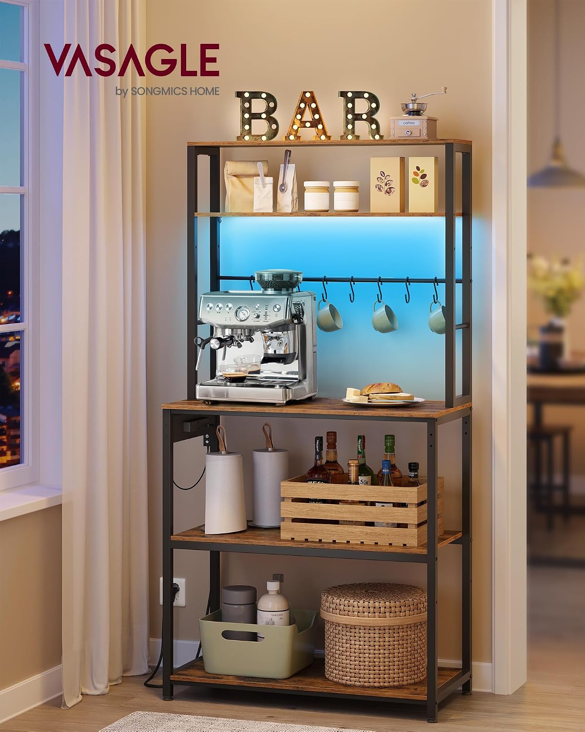Detalle de VASAGLE Scaffale da cucina con LED KKS050KD01: microonde, multipresa e ripiani regolabili 40 x 80 x 168,4 cm