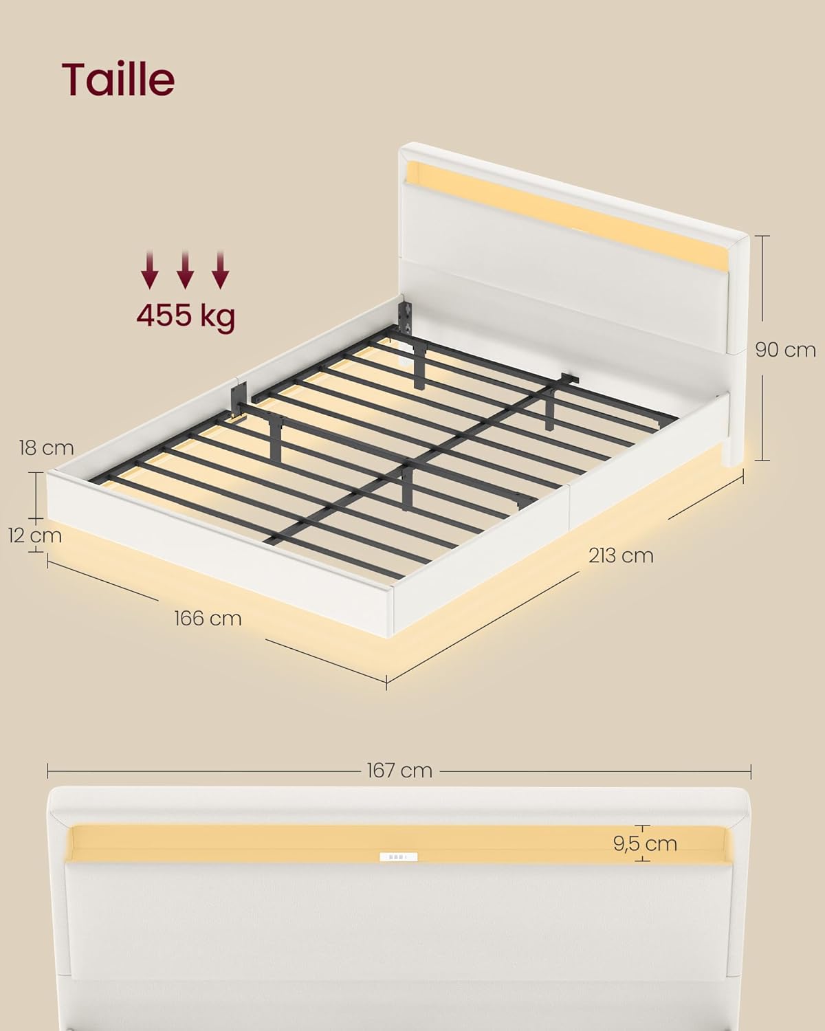 Detalle 2 de VASAGLE Lit double 140 x 190 cm cadre flottant avec LED