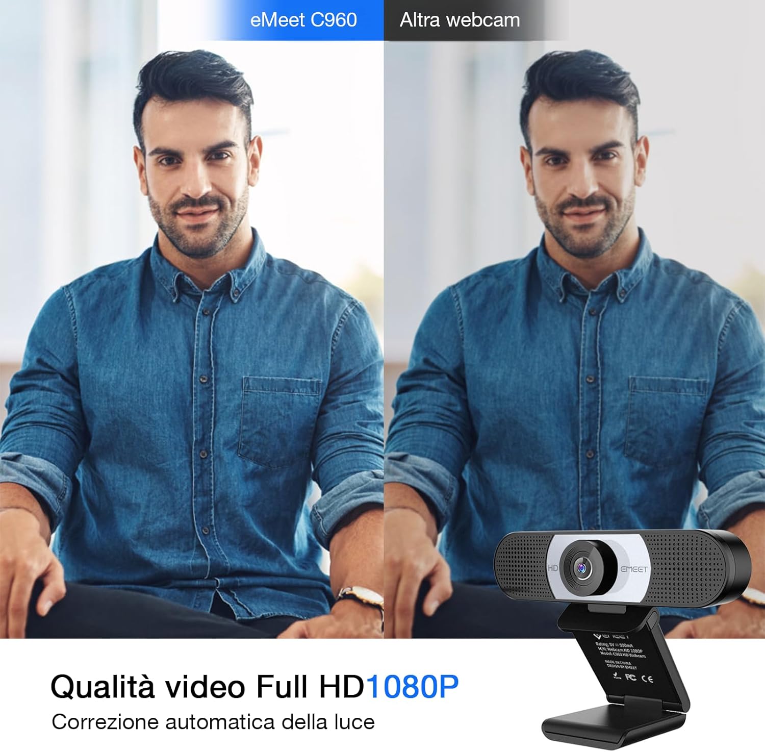Detalle de EMEET Webcam Full HD C960 1080p: copriobiettivo, doppio microfono e messa a fuoco fissa, plug & play