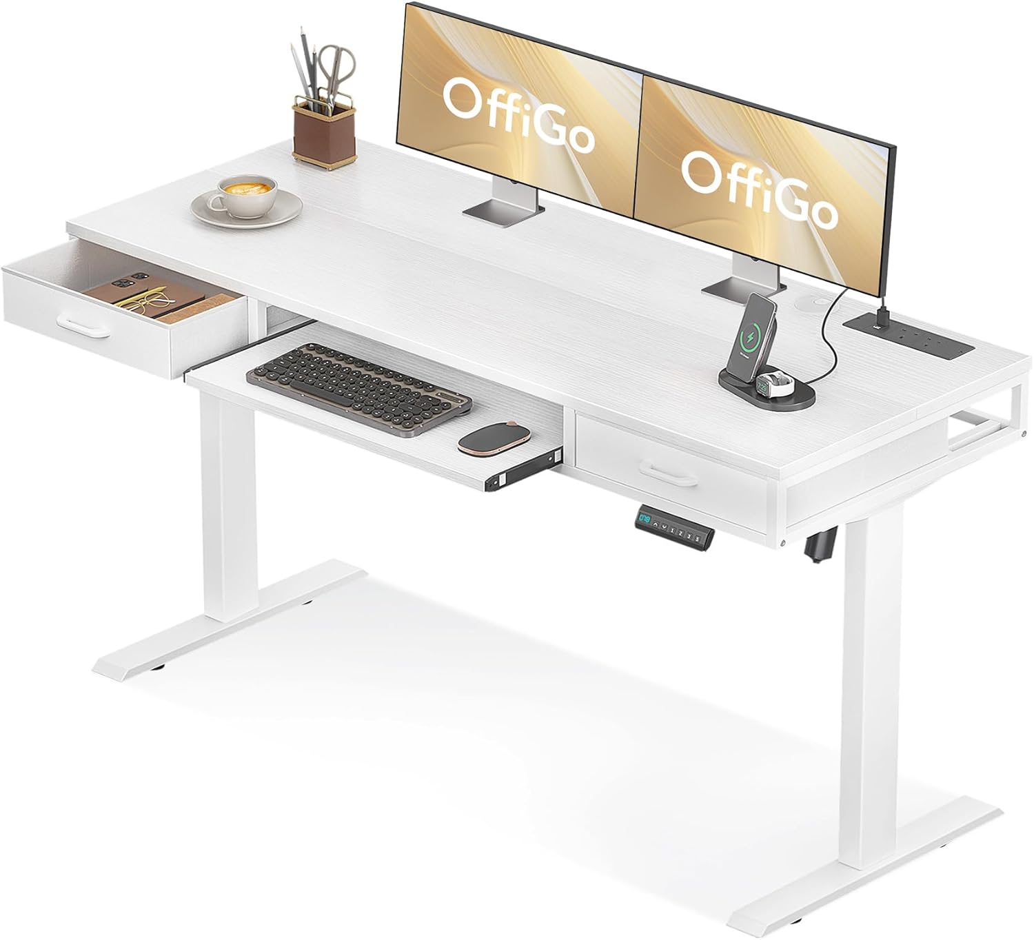 Detalle de OffiGo Height Adjustable Desk with Double Drawers – 140 cm Electric Sit-Stand Desk with Keyboard Tray and Power Sockets