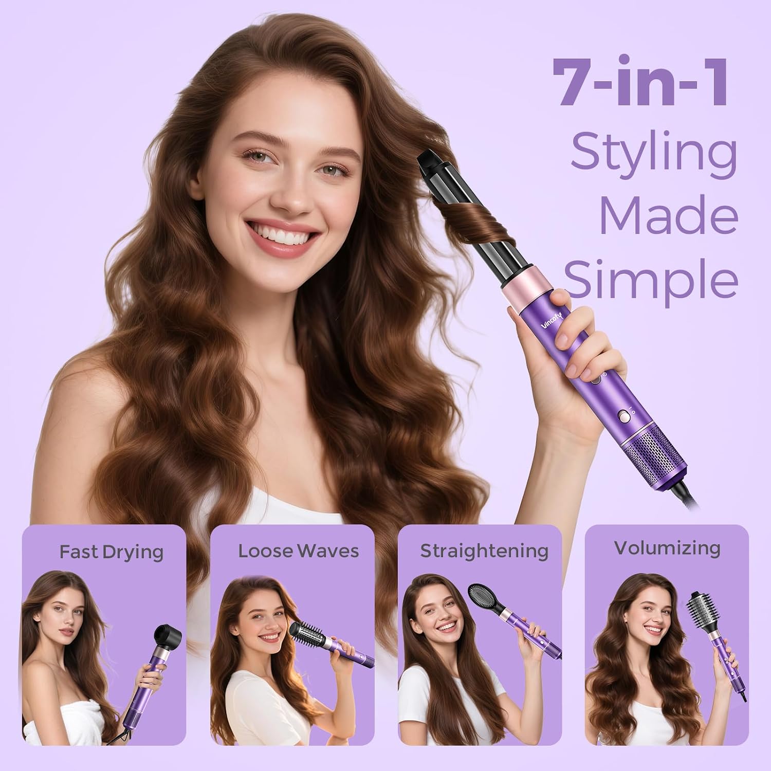 Thumbnail 6 de Vincofy 7-in-1 Blow Dryer Brush Set: All-in-One Hot Air Styler for Fast Drying, Curling, Straightening & Volumizing (Lilac)