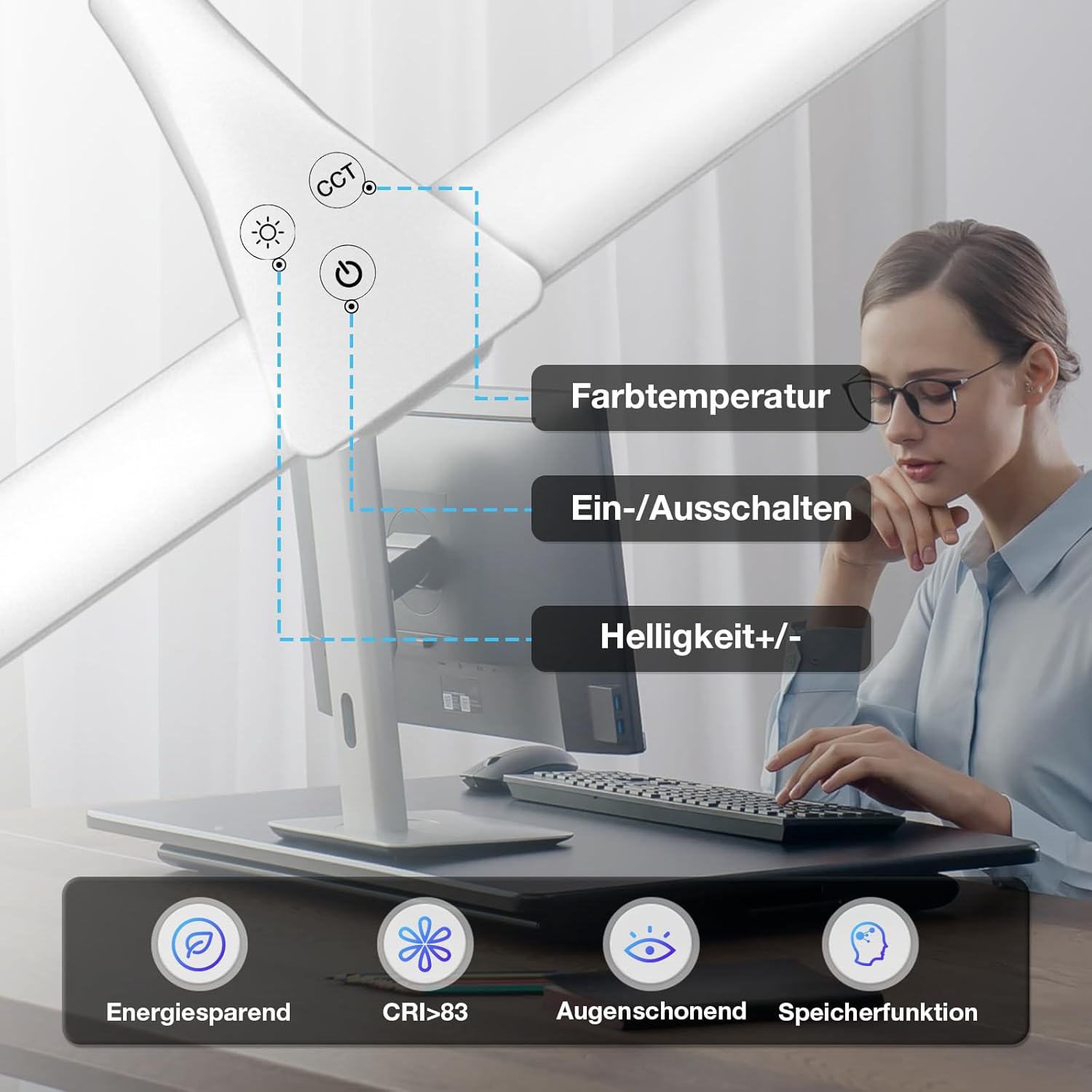 Thumbnail 5 de Hensam Schreibtischlampe LED – vielseitige Büro-Beleuchtung mit Schwanenhals und Doppelkopf-Design