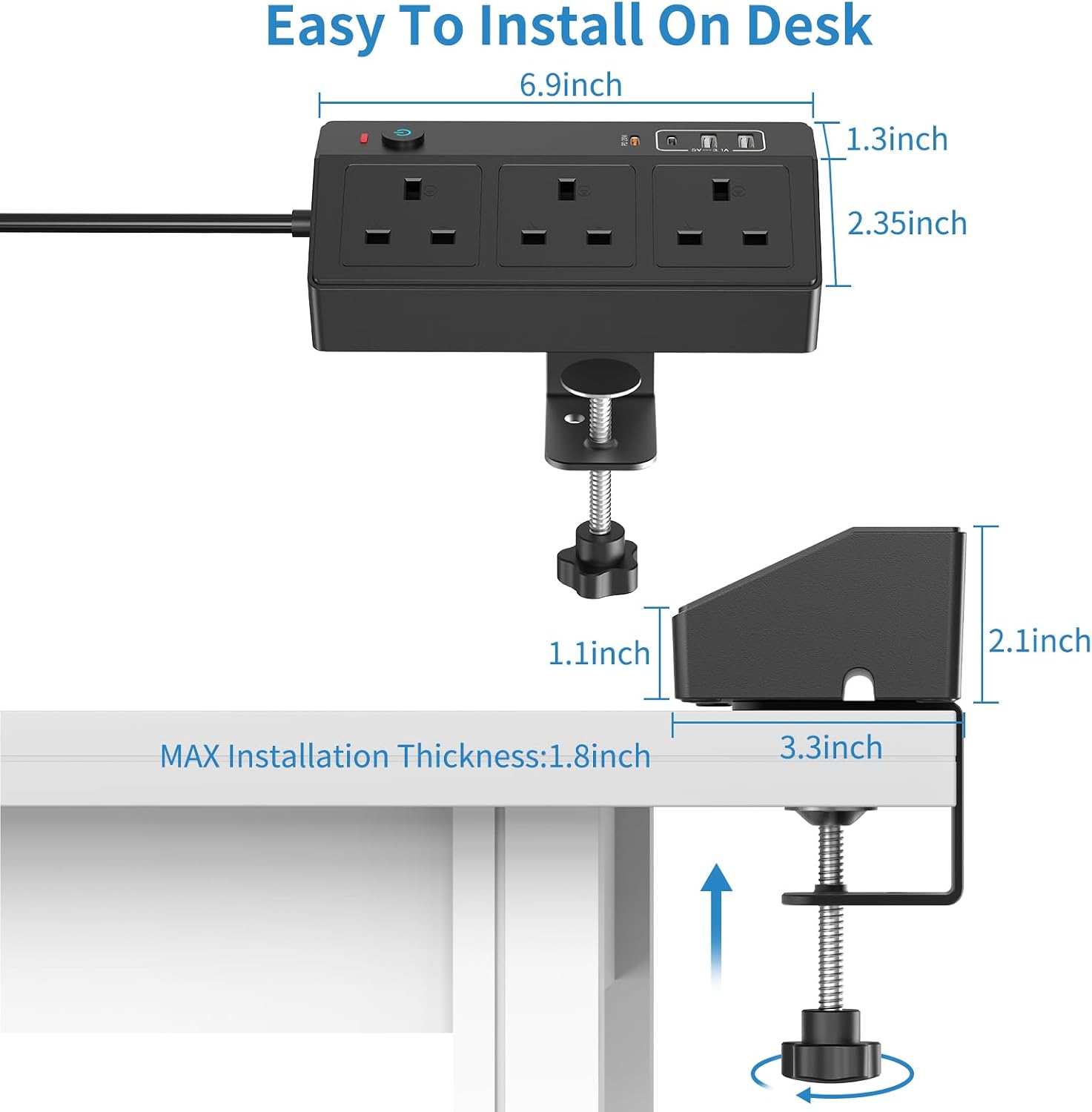 Detalle 2 de HAFINO PD 20W Desk Power Socket with USB‑C Slots – 7‑in‑1 Power Station with 2M Extension Lead