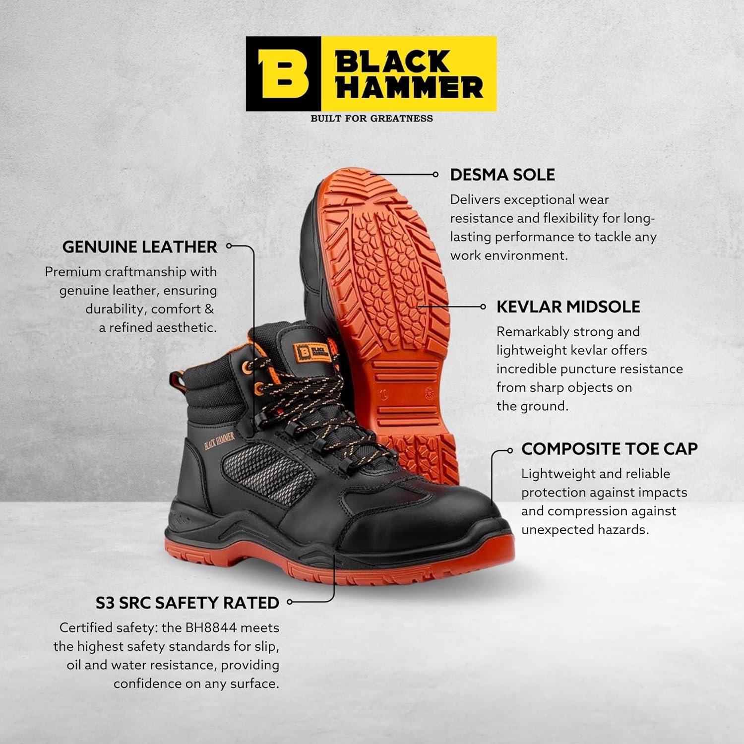 Detalle de BLACK HAMMER Sicherheitsstiefel Herren S3 SRC – leichte, metallfreie Sicherheitsschuhe mit Kevlar Zwischensohle