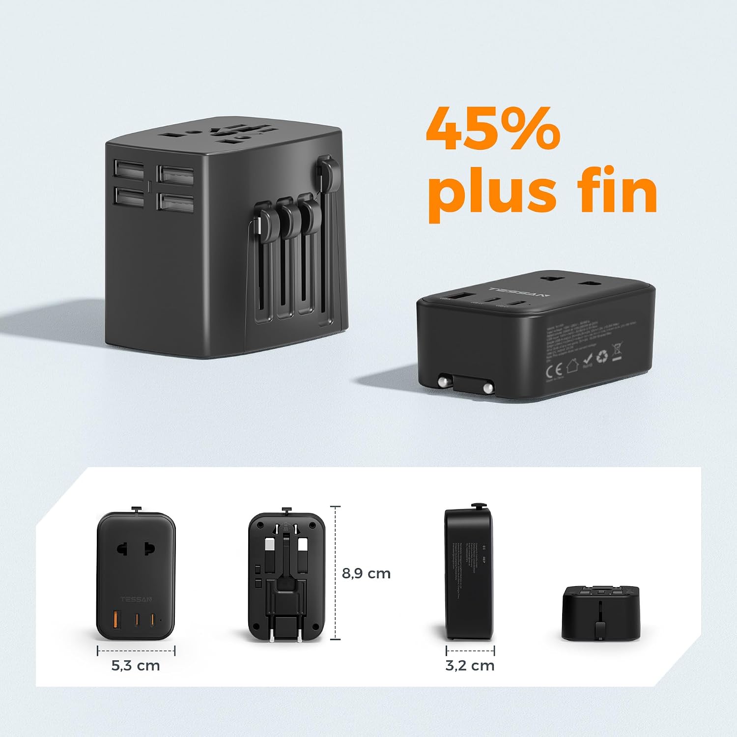 Thumbnail 6 de TESSAN Adaptateur Prise Universelle PD 20W — Voyage 4-en-1 avec 2 USB-C et 1 USB-A