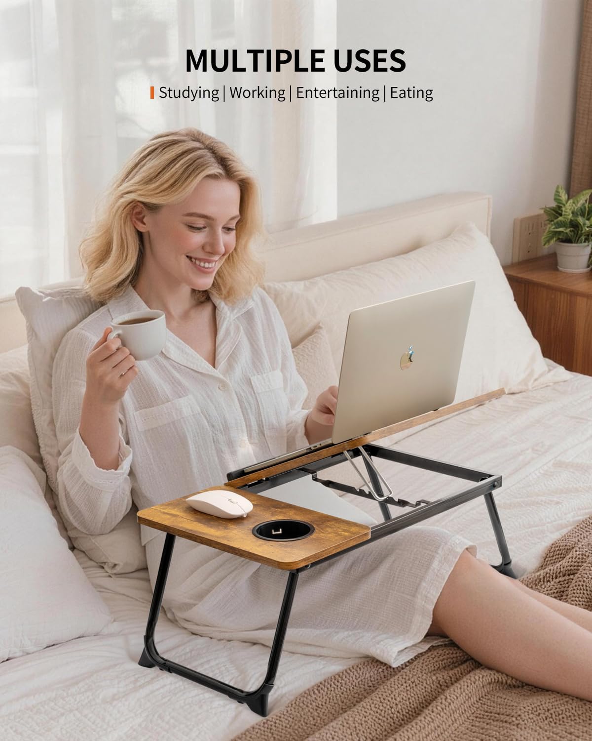 Thumbnail 3 de FISYOD FIS02 Foldable Laptop Desk, Adjustable Split Top, Cup Holder, Brown