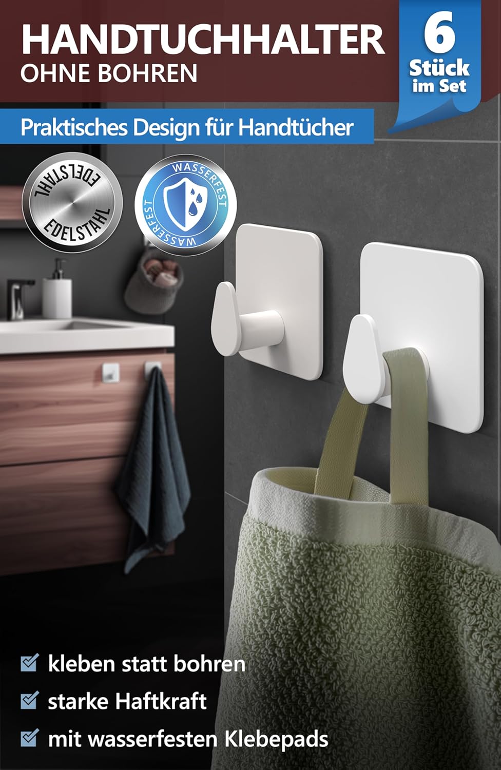 Detalle de 4smile Handtuchhalter ohne Bohren – 6er-Set, weiß, Edelstahl-V2A