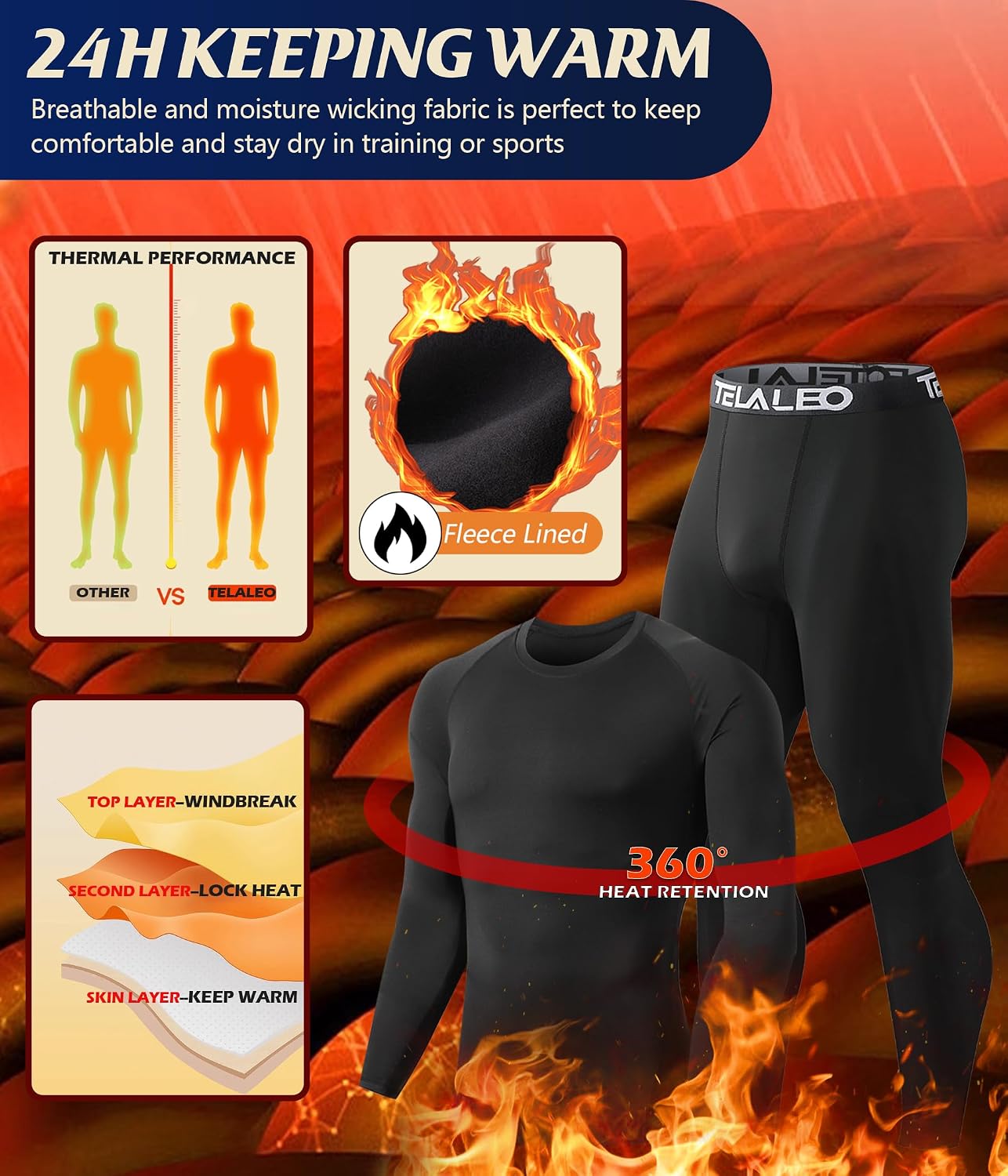 Detalle de TELALEO Men's Thermal Underwear 2-Pack, Fleece-Lined 4-Way Stretch Base Layer