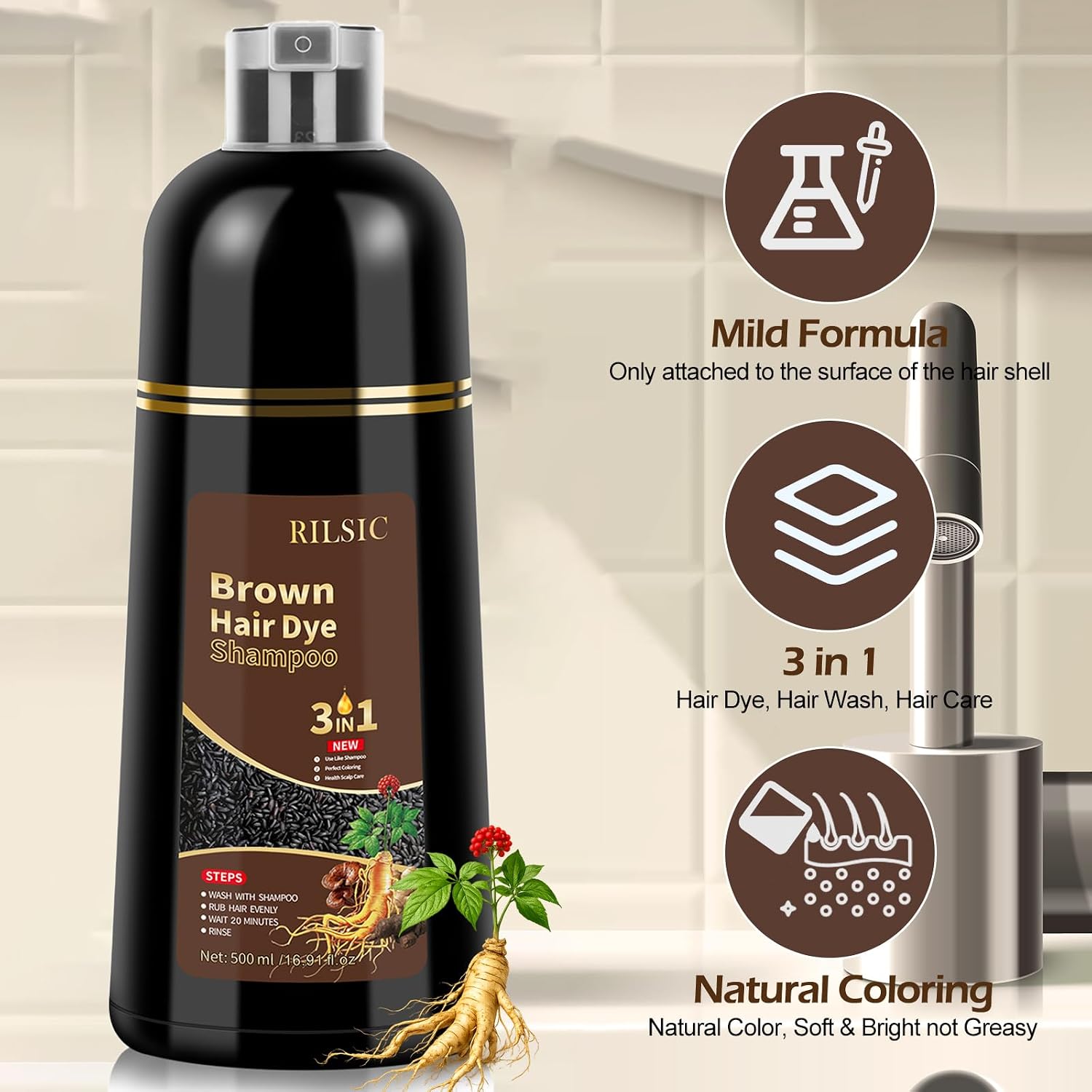 Detalle de Haarfärbeshampoo (3-in-1) Hellbraun – 500 ml für graues Haar und Bart