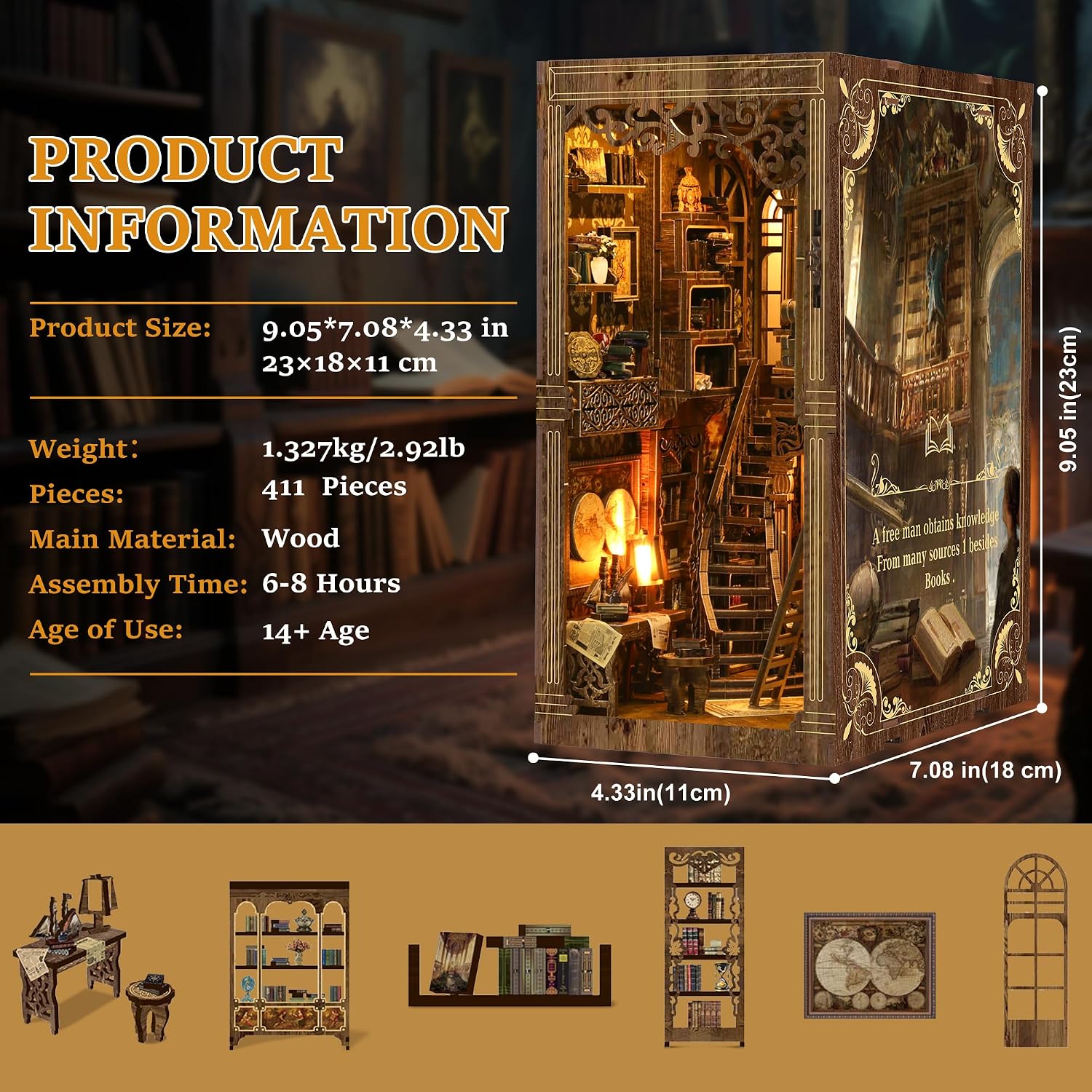 Detalle 2 de LUMYCE Book Nook Kit für Erwachsene: Vintage Holzpuzzle Miniaturhaus mit LED für Bücherregal & Deko