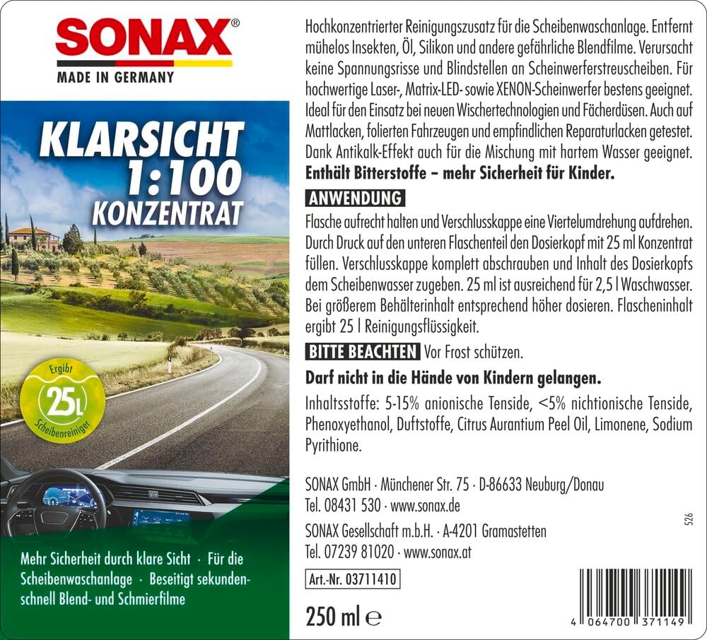 Thumbnail 1 de SONAX KlarSicht 1:100 Konzentrat (250 ml) – Reinigungszusatz für Scheibenwaschanlage im Sommerbetrieb