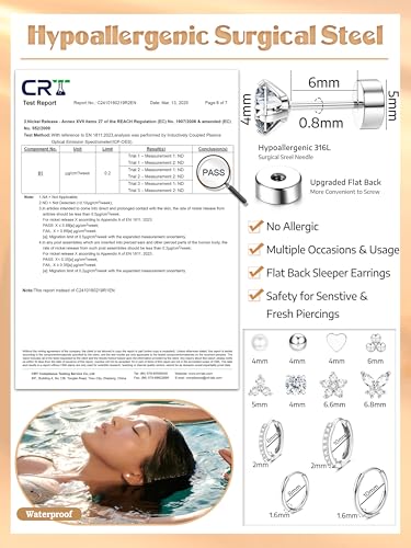 Detalle de CASSIECA 12 Pairs Silver Earrings – Hypoallergenic Flat Back Studs & Hoops