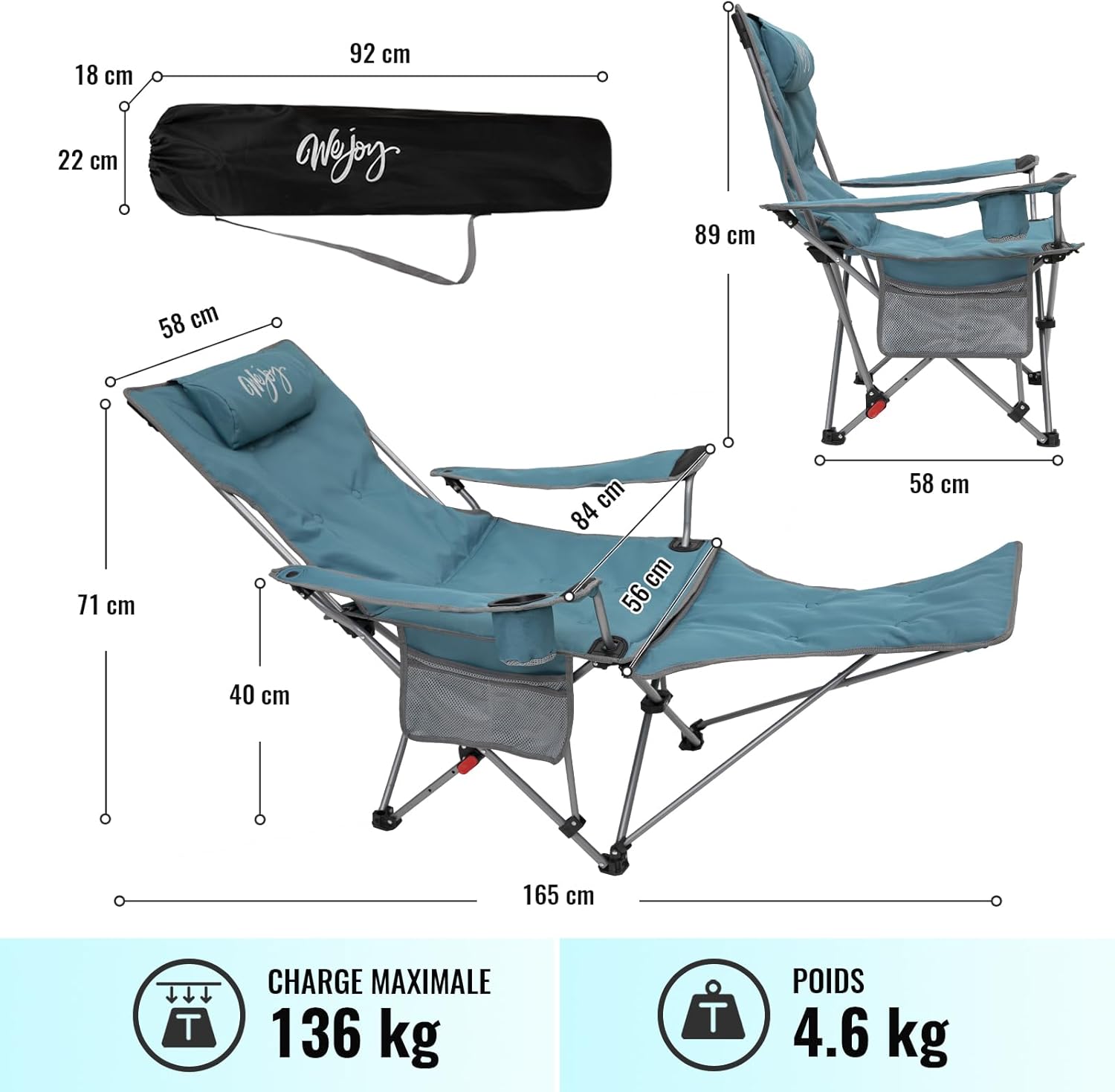 Detalle 2 de WEJOY 2-in-1 Campingstuhl Faltbar mit Fußstütze – gepolstert, 3 Positionen, 2er Set ( Cyan )
