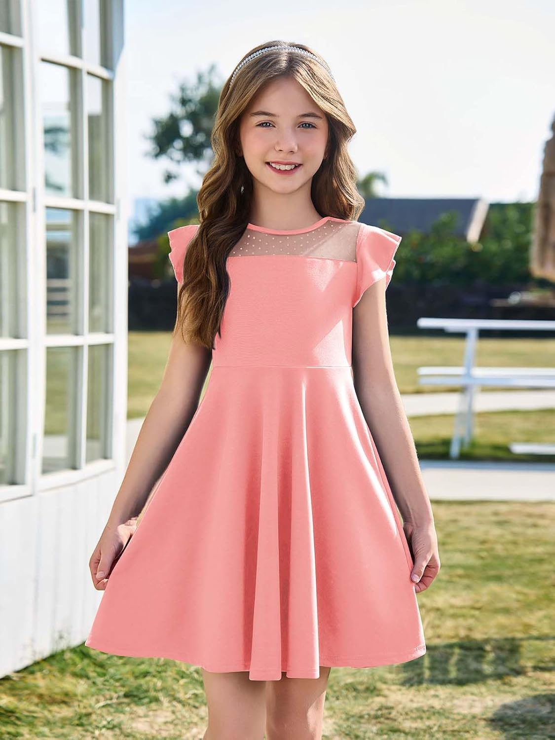 Thumbnail 1 de Haloumoning Girls Summer Dress with Ruffle Sleeves, Mesh Detail, and Pockets (A-Line, Ages 4–14)