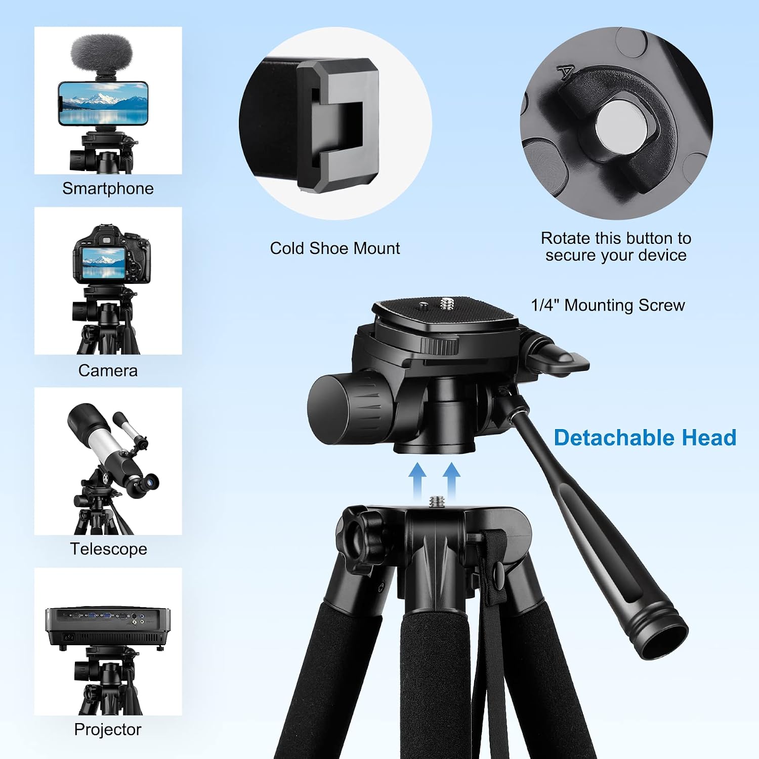 Thumbnail 1 de JOILCAN Compact Camera Tripod for DSLR and Smartphone – Aluminium, 3‑Way Pan Head, 65" Max Height
