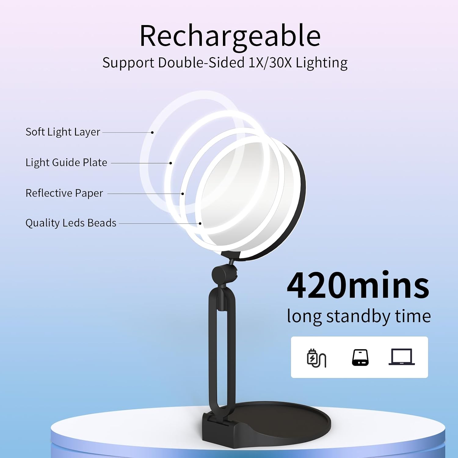 Thumbnail 5 de Magnifying Mirror with Light 40X/1X Double-Sided Travel Makeup Mirror (6-inch, Rechargeable, 3-Color Dimming)