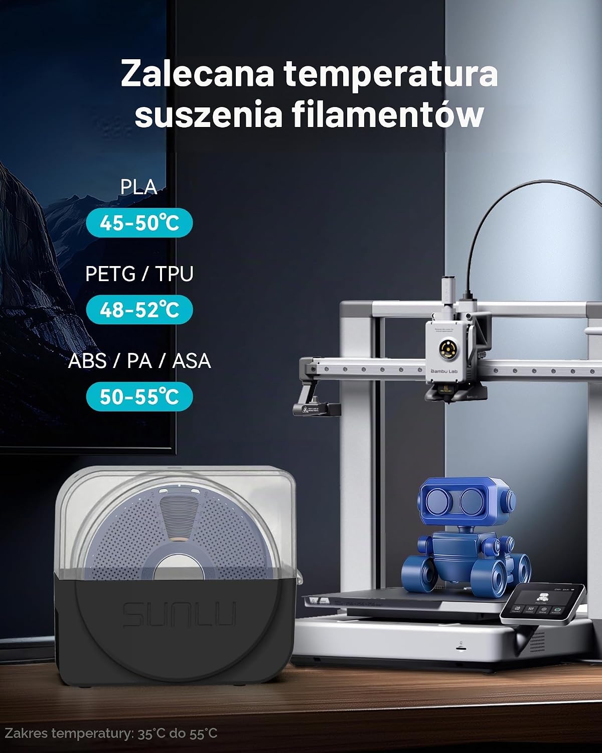 Detalle de SUNLU S1 suszarka do filamentu 3D z regulacją temperatury i czasu