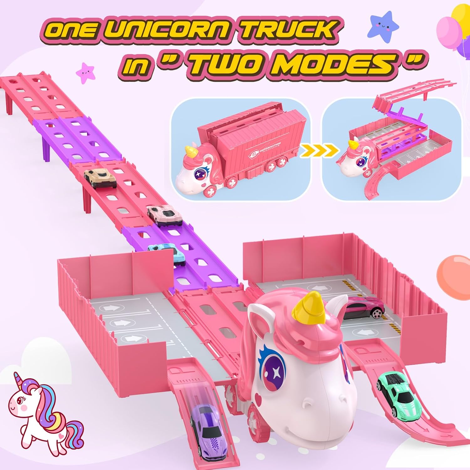 Thumbnail 1 de EUTOYZ Unicorn Toy Cars for Toddlers: Multifunctional Unicorn Transport Truck Playset