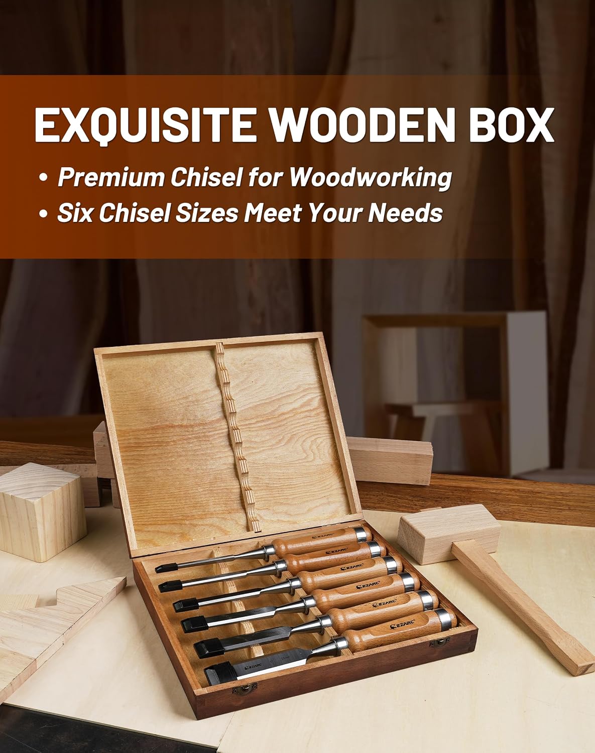 Detalle de EZARC 812295 Wood Chisel Set, 6-Piece Chrome-Vanadium Steel with Ash Handles