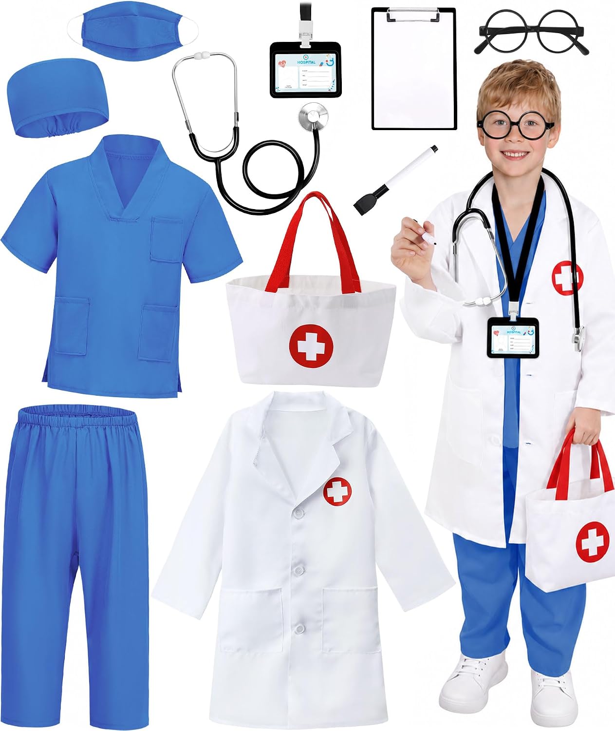 Detalle de Wuclad 12-Piece Kids' Doctor Costume with Scrubs, Lab Coat and Accessories