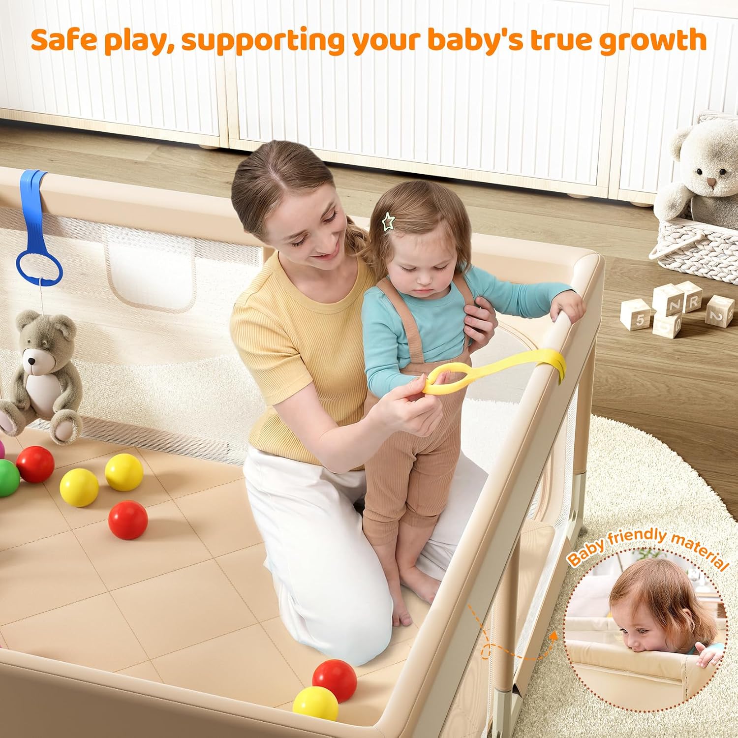 Thumbnail 4 de Dripex 124 x 124 cm Baby Playpen with Mat, Mesh Sides, Beige