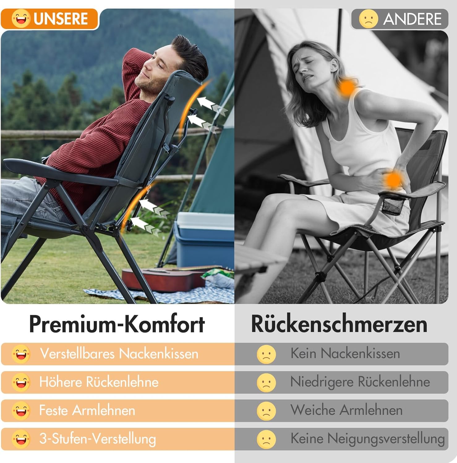 Detalle de Portal faltbarer Campingstuhl mit 3-fach verstellbarer Rückenlehne (bis 160 kg), hohe Lehne & Getränkehalter