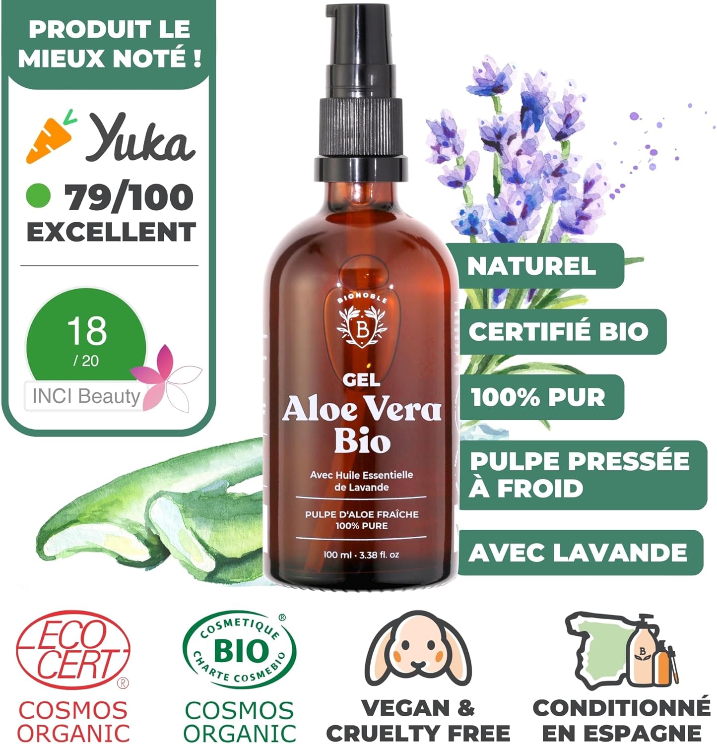 Thumbnail 1 de BIONOBLE Gel Aloe Vera Bio 97% avec Huile Essentielle de Lavande – Gel Aloe Vera Pur 100 ml pour Cheveux Bouclés, Peau et Corps
