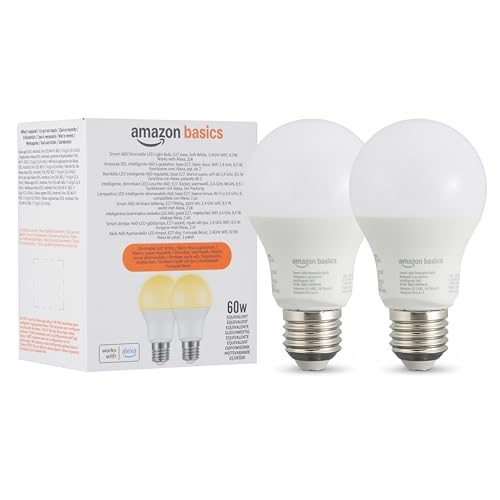 Detalle de Amazon Basics Bombilla LED inteligente regulable E27 (2-pack) — 8W (60W Equivalente), Alexa