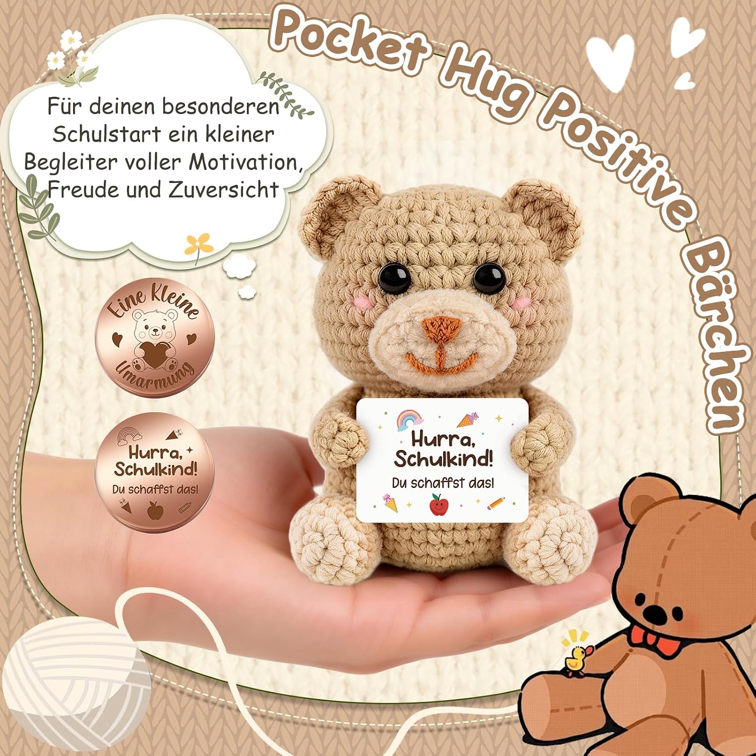 Detalle 2 de Giftota Einschulung Geschenk: Häkel-Bär mit Glücksbringer – Mutmacher für den Schulstart
