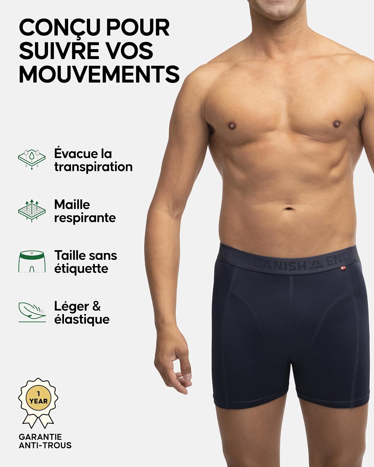 Thumbnail 1 de DANISH ENDURANCE Lot de 3 boxers anti-frottements pour homme – course, jambes normales ou longues