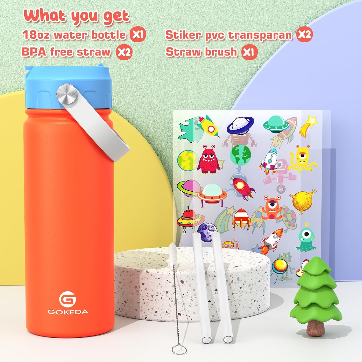 Detalle de GoKEDA PJSB-lanchen 18 oz Kids Water Bottle with Straw, Stickers & Dust-Proof Lid