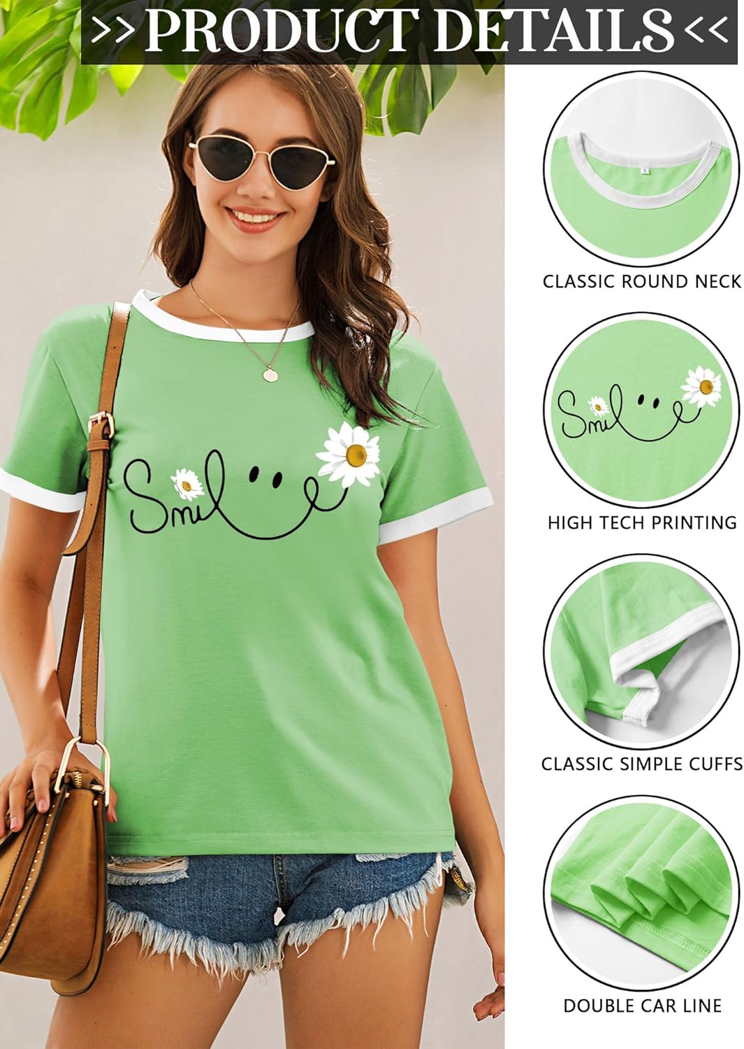 Thumbnail 4 de Yihelian Daisy Print Rundhals Top für Damen – Sommerliches Kurzarm-T-Shirt mit Smile-Print