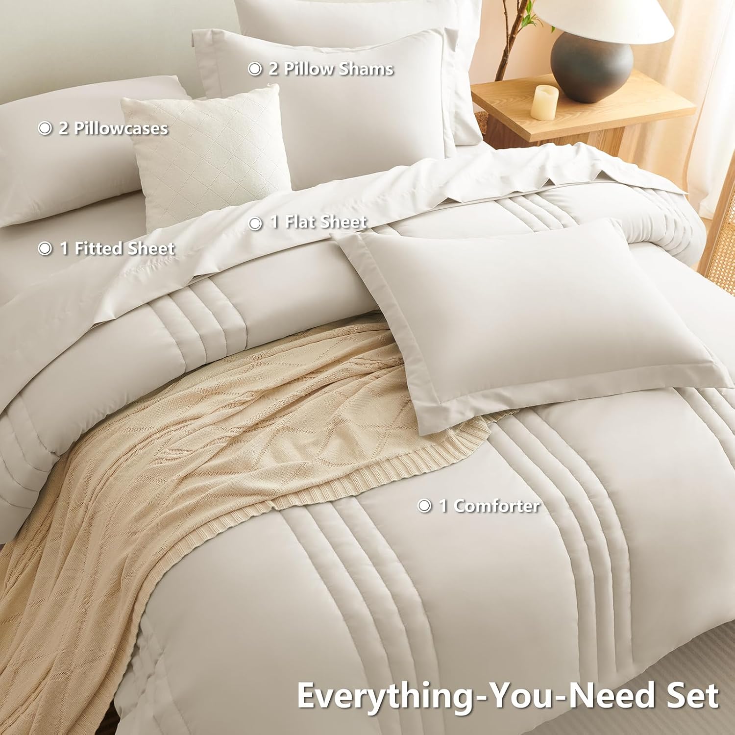 Thumbnail 6 de CozyLux Queen Size 7-Piece Comforter Set (Beige) with Sheets & Down-Alternative Comforter