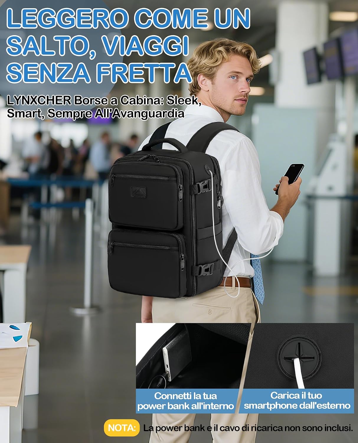 Detalle de LYNXCHER Zaino Ryanair 40x30x20 Bagaglio a Mano 24L, Nero