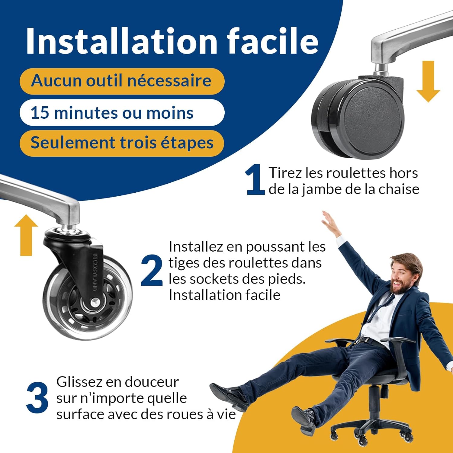 Detalle de COSYLAND 5 roulettes de chaise de bureau 10 x 22 mm, silencieuses et pivotantes 360°