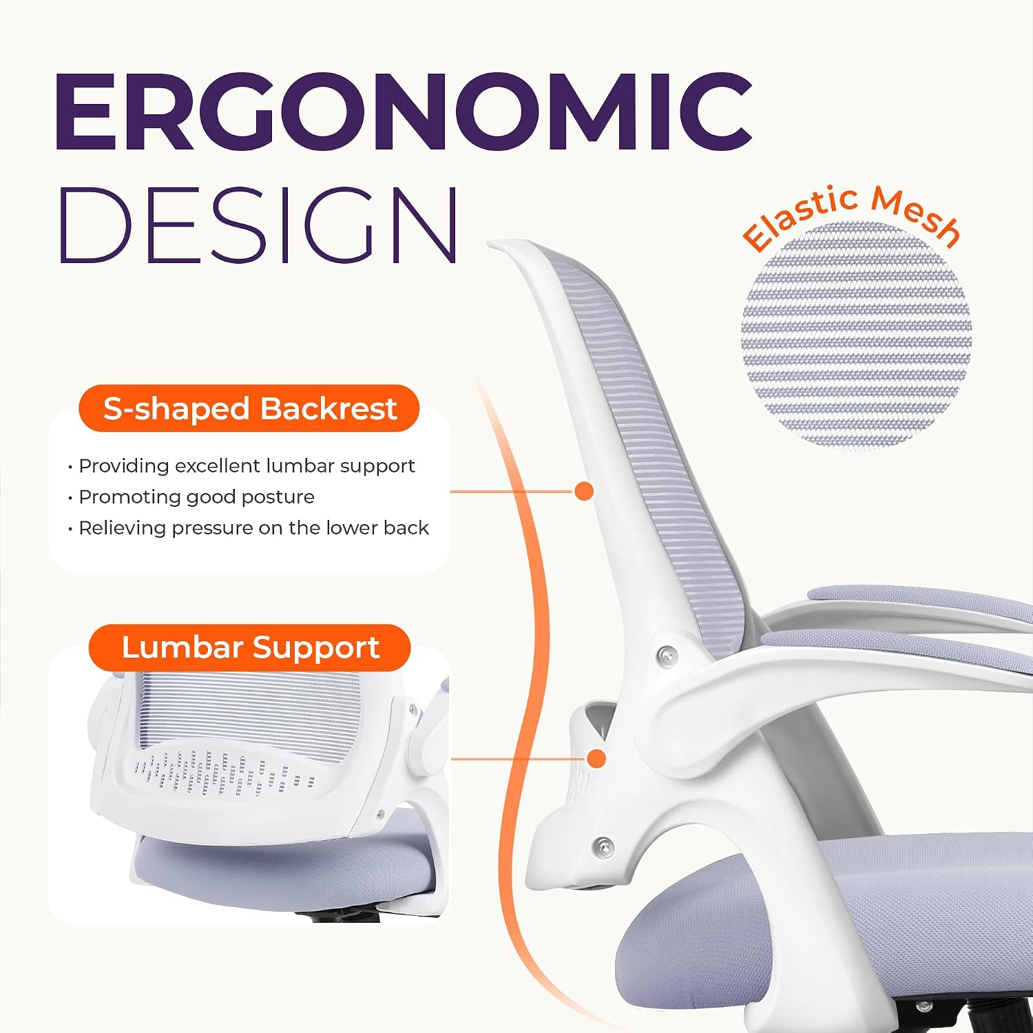 Detalle de NEO CHAIR NEC Office Desk Chair, Purple Mesh, Flip-Up Arms, Lumbar Support